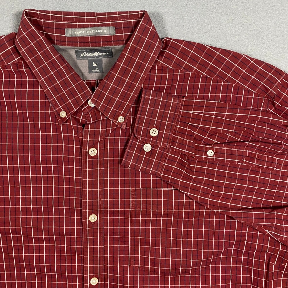 Eddie Bauer Button Down Shirt Mens XL Red Plaid Wrinkle Free Relaxed Fit 8522